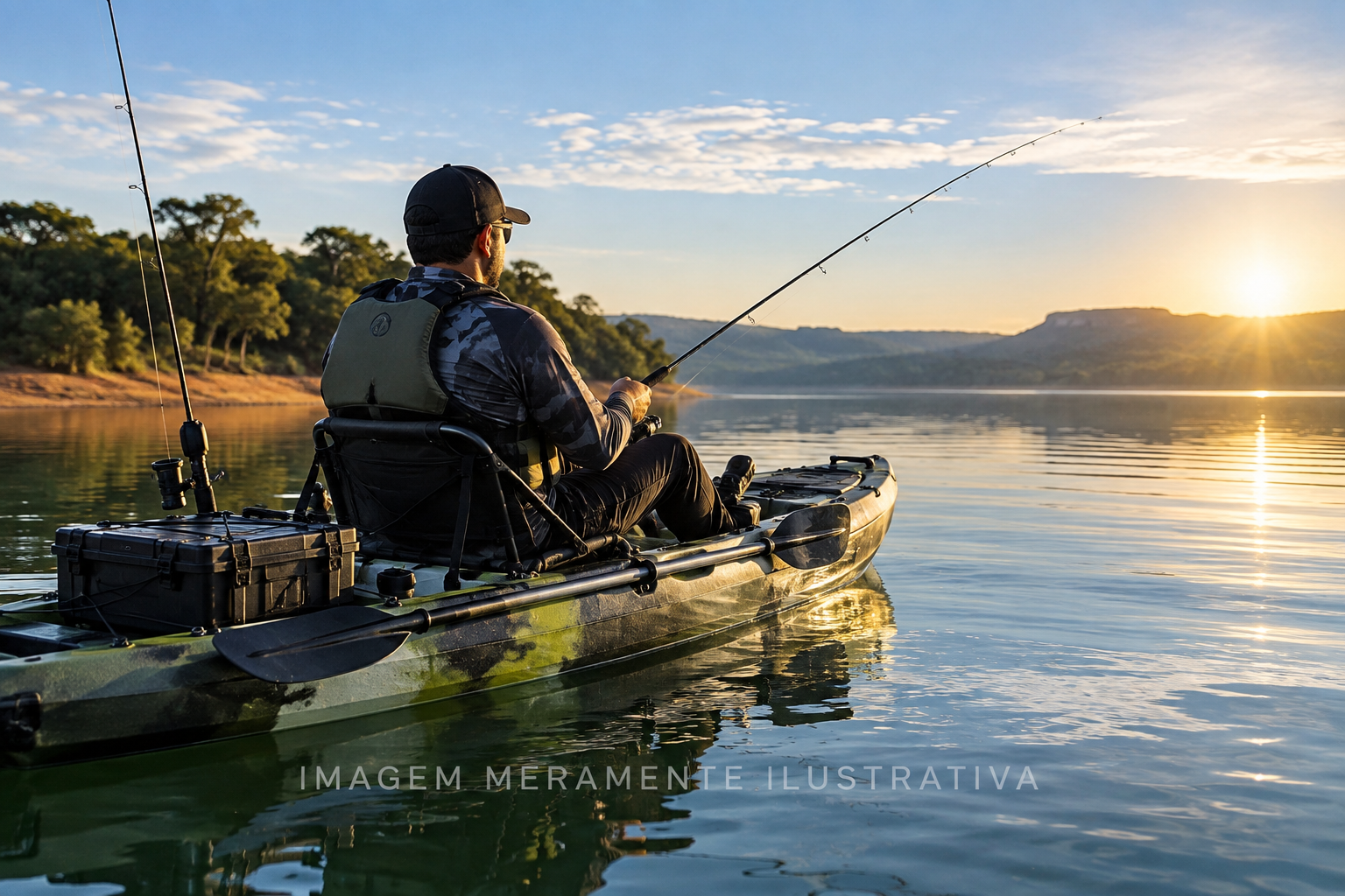 Imagem meramente ilustrativa de caiaque de pesca em ambiente de água doce
