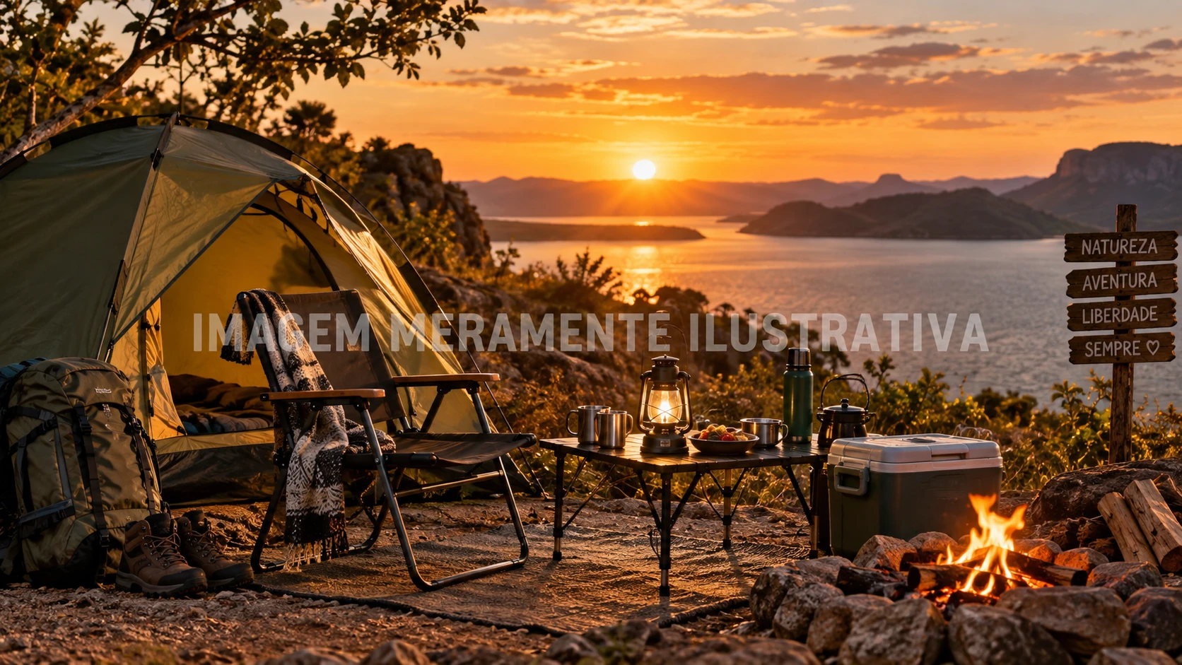 Barraca e equipamentos para camping e atividades outdoor em composição ilustrativa