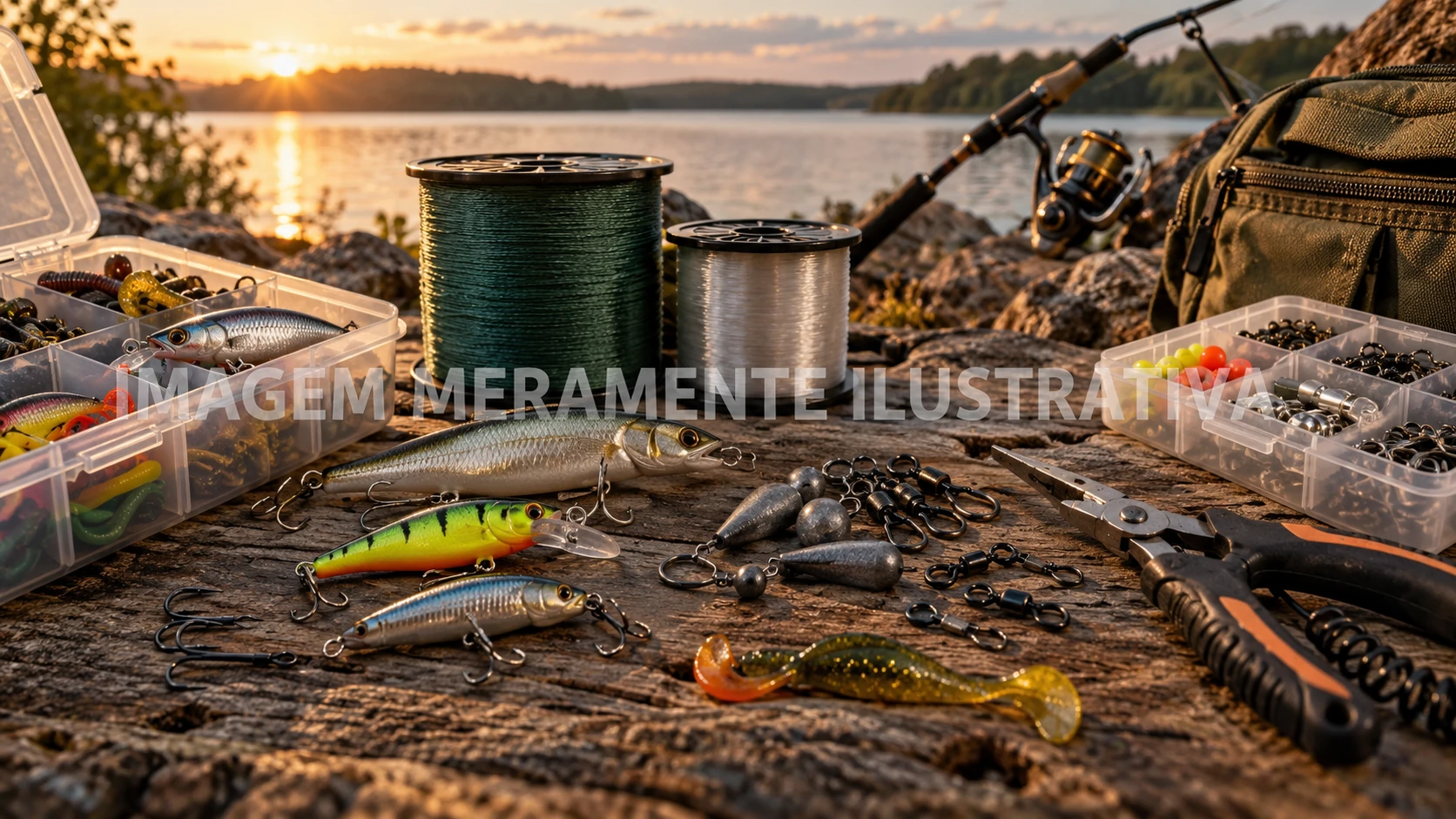 Iscas artificiais, linhas, anzóis e pequenos acessórios de pesca em composição ilustrativa